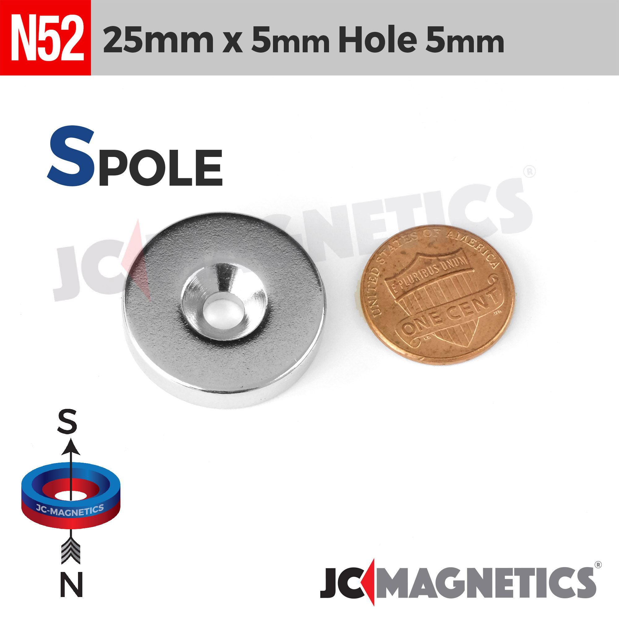 25mm x 5mm x gat 5mm N52 Sökkt gat hringur Neodymium segull 25x5mm H5mm - smámynd 2